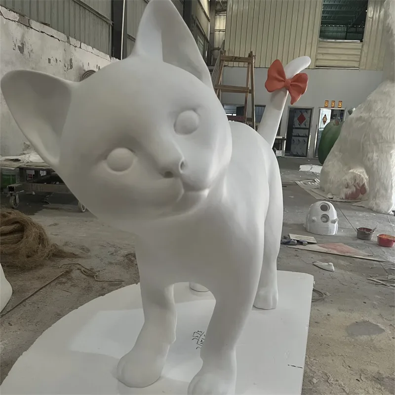 White Cat Sculpture with Red Bow | Fiberglass IP Decoration | Indoor & Outdoor Ornament for Gift Shops — view 3