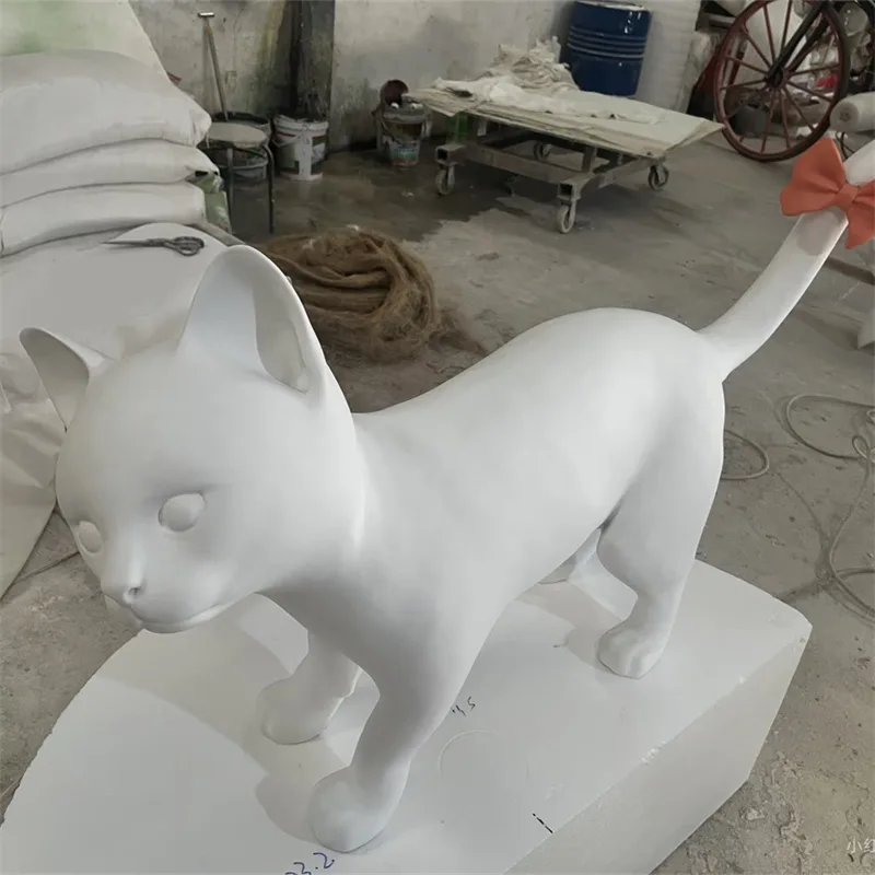 White Cat Sculpture with Red Bow | Fiberglass IP Decoration | Indoor & Outdoor Ornament for Gift Shops — view 4
