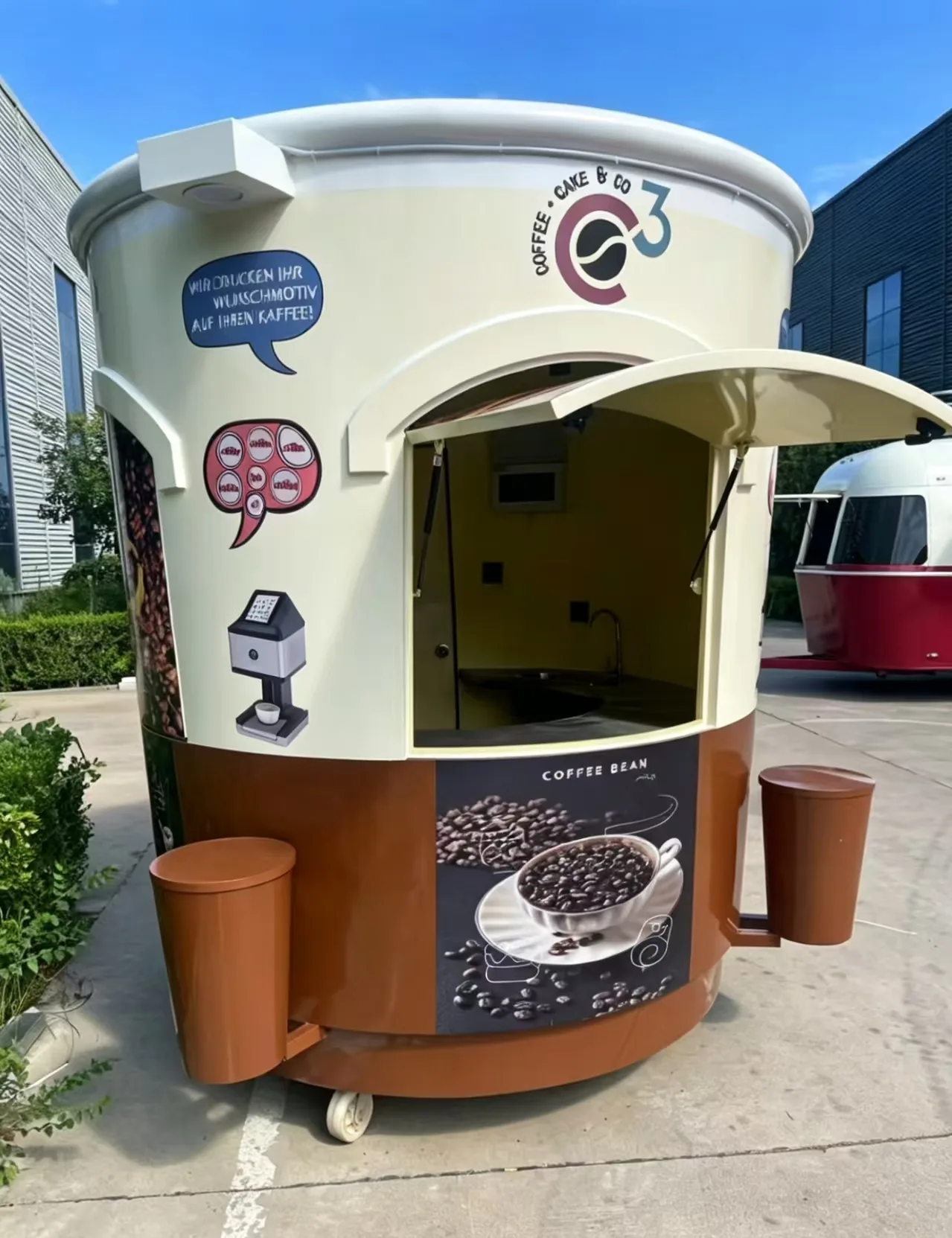 White Coffee Cup Kiosk – Eye-Catching Outdoor Retail Stand