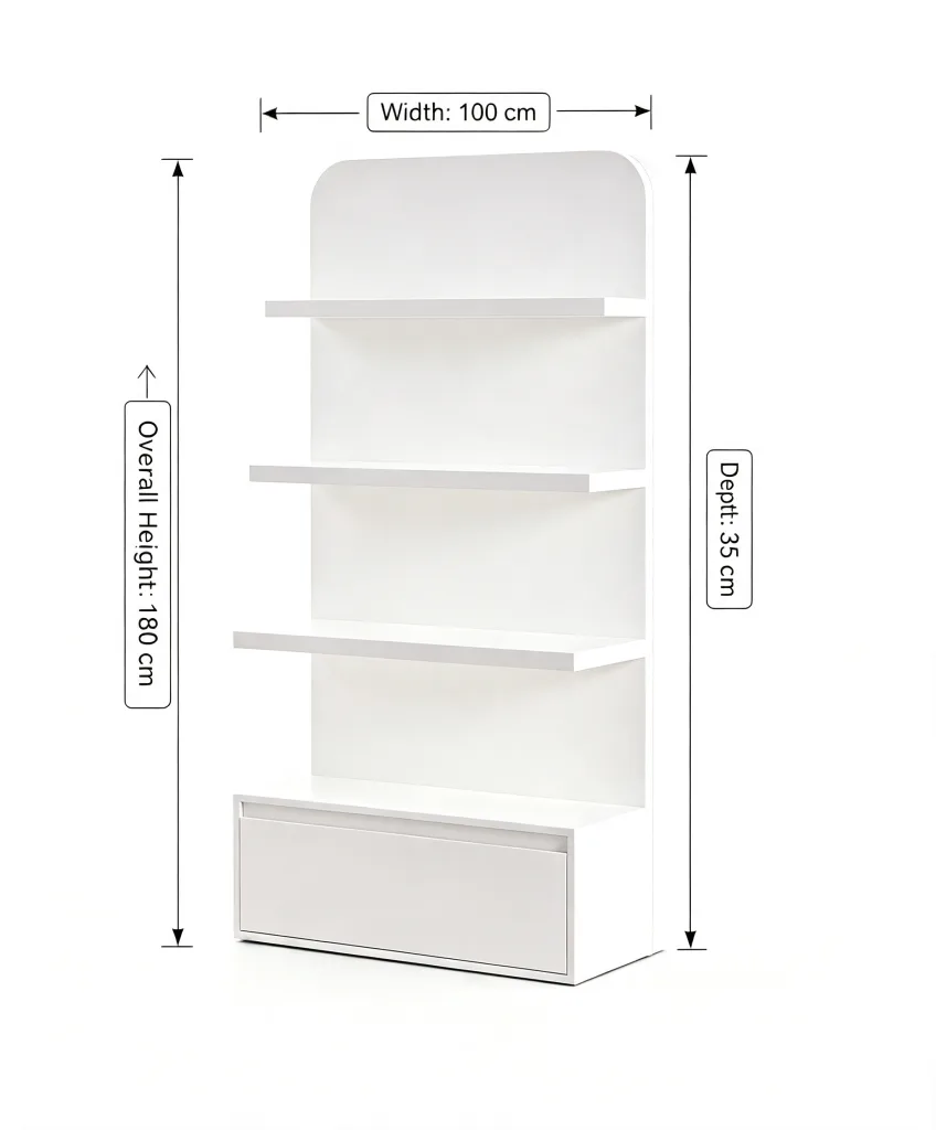 White Curved-Top Wall Display Shelving Unit with Storage Drawer For Retail Shop — product detail 1