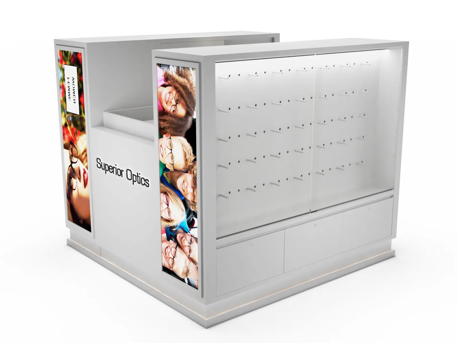 White Eyewear Mall Kiosk – Bright, Smart, and Built for Retail