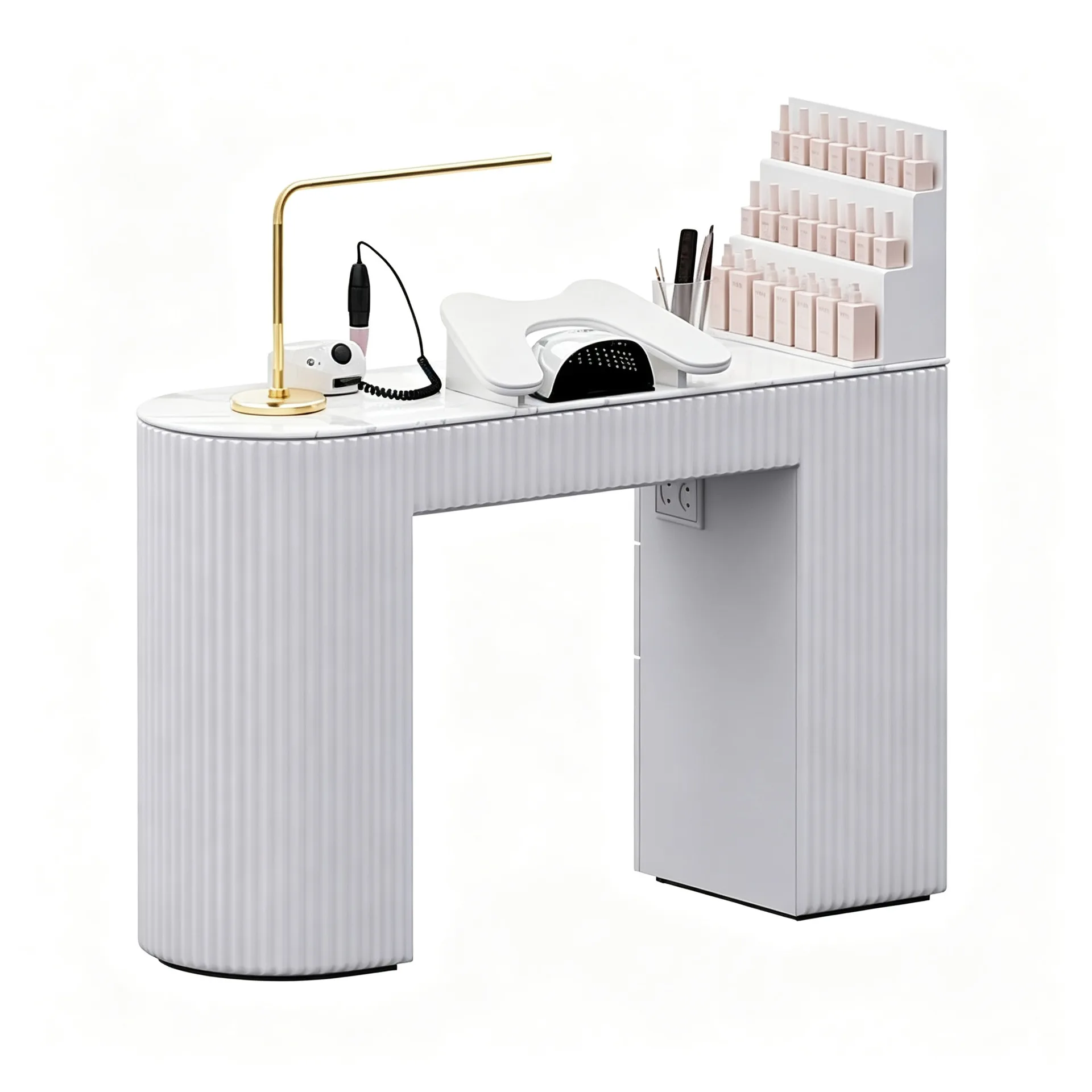 White Fluted Manicure Nail Table with Storage for Beauty Salon