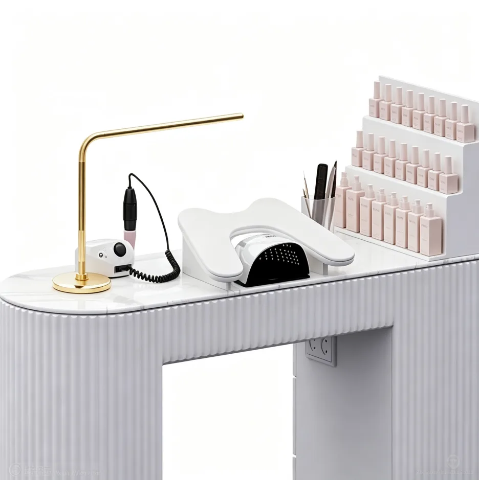 White Fluted Manicure Nail Table with Storage for Beauty Salon — view 2