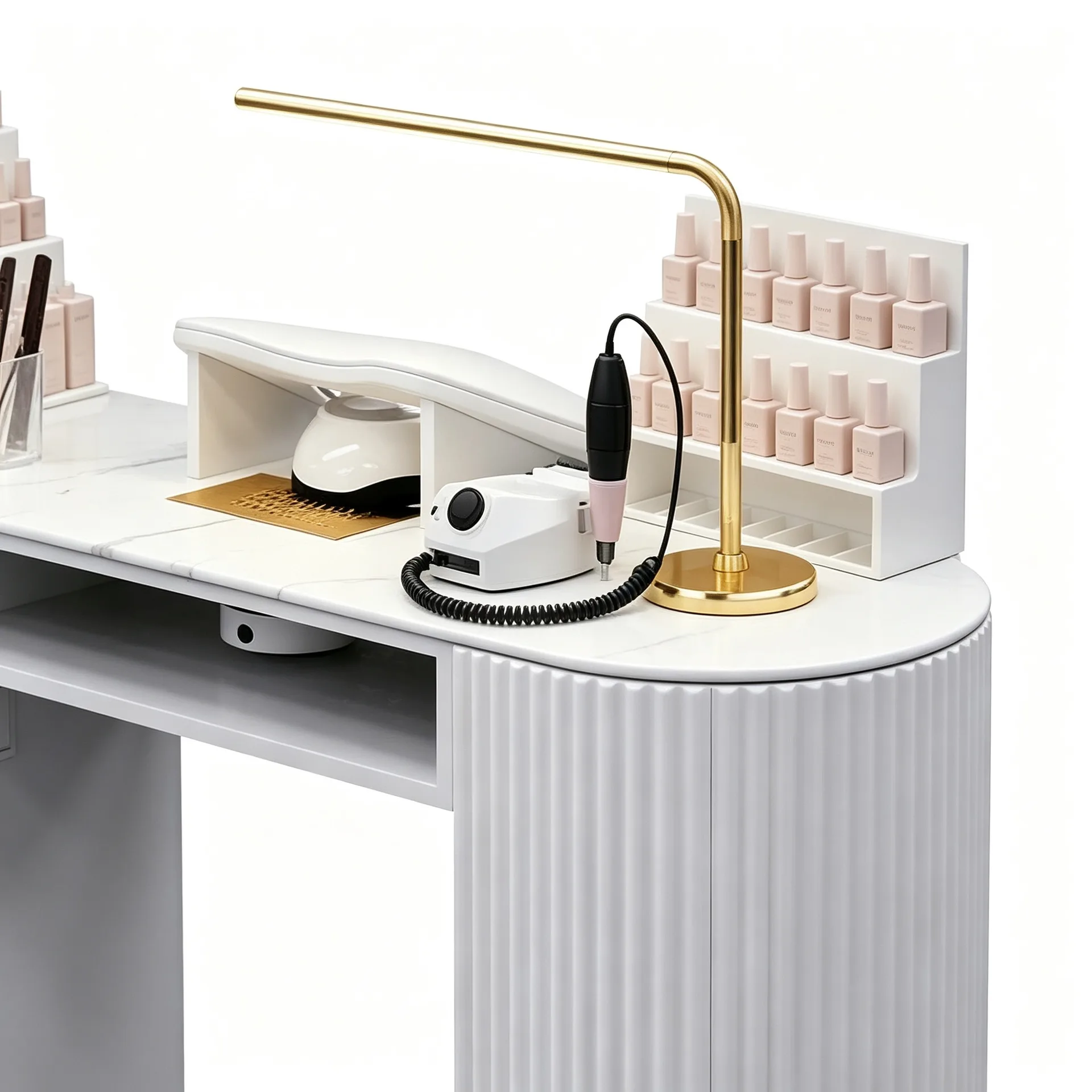 White Fluted Manicure Nail Table with Storage for Beauty Salon — view 3