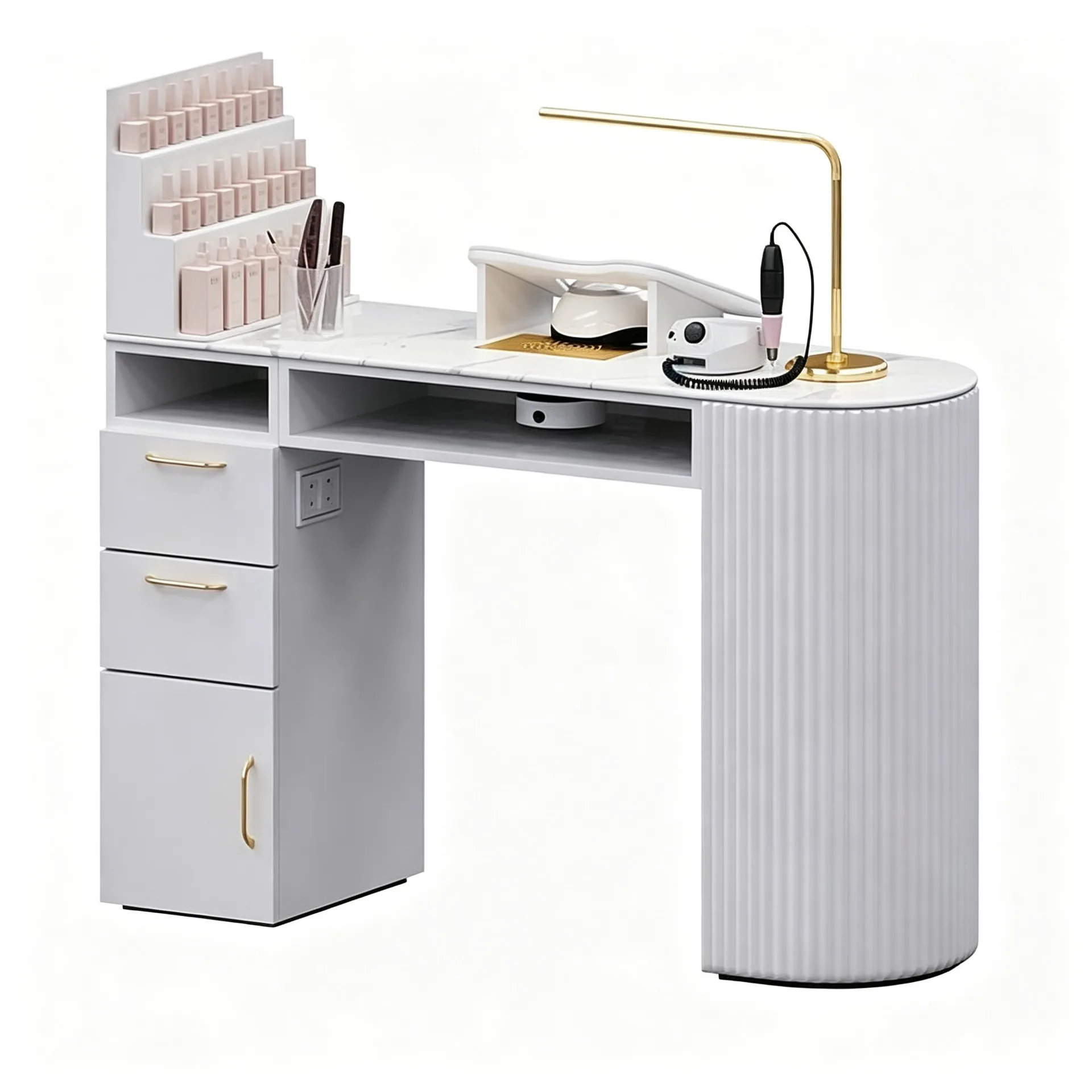 White Fluted Manicure Nail Table with Storage for Beauty Salon — view 4