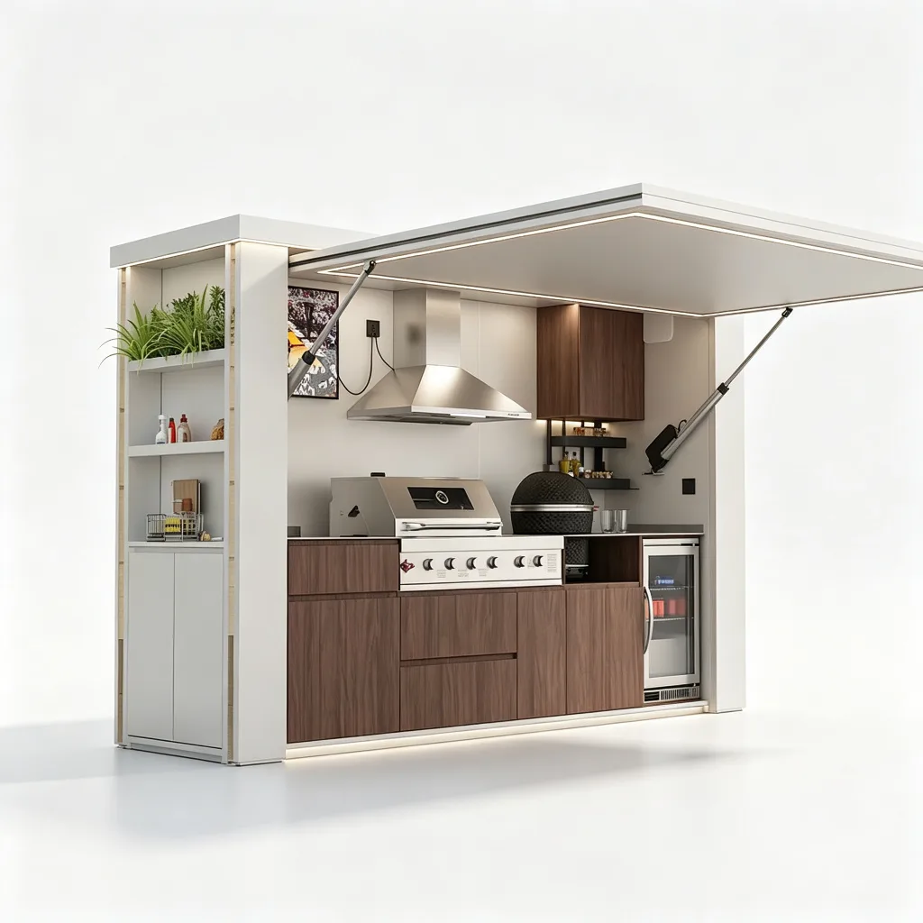 White Frame Walnut Interior BBQ Pod with LED Roof and Kamado Grill — view 4
