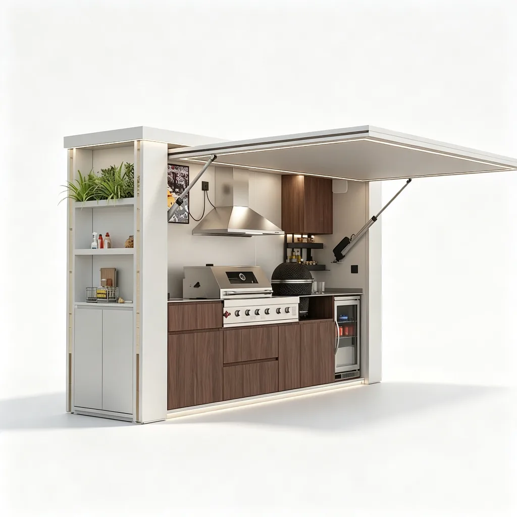 White Frame Walnut Interior BBQ Pod with LED Roof and Kamado Grill — view 3