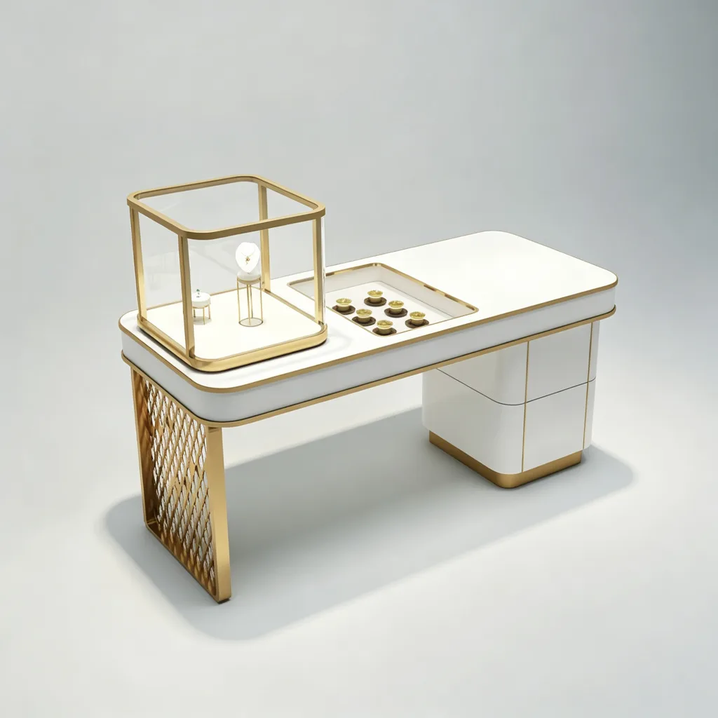 Angled view of an asymmetric jewelry table with a glass vitrine and inset display tray