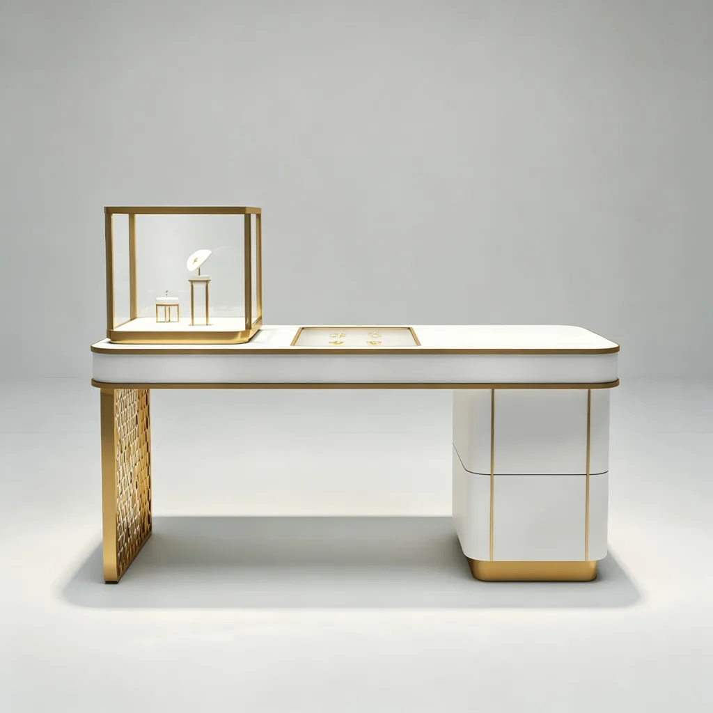 White and gold jewelry display table with a lattice support and cabinet base