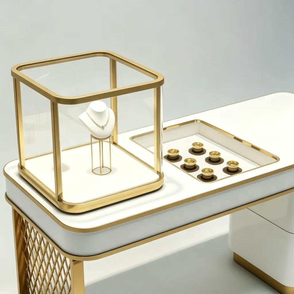 Gold-frame glass jewelry vitrine beside an inset tabletop presentation area