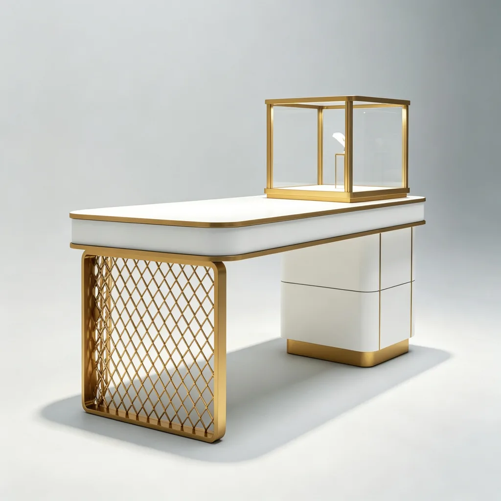 Side view of a white jewelry display table with a diamond lattice end panel