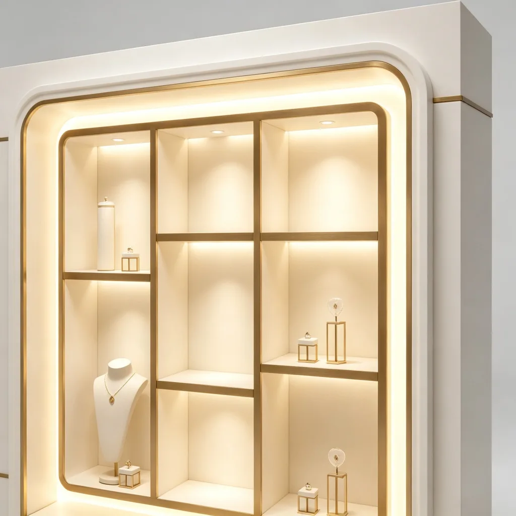 White Gold Grid Backlit Jewelry Wall Cabinet Nine Niches Six Drawers — view 3