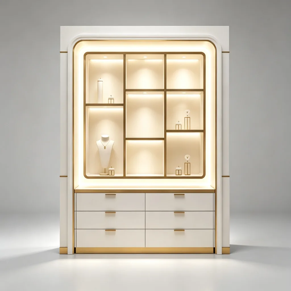 White Gold Grid Backlit Jewelry Wall Cabinet Nine Niches Six Drawers