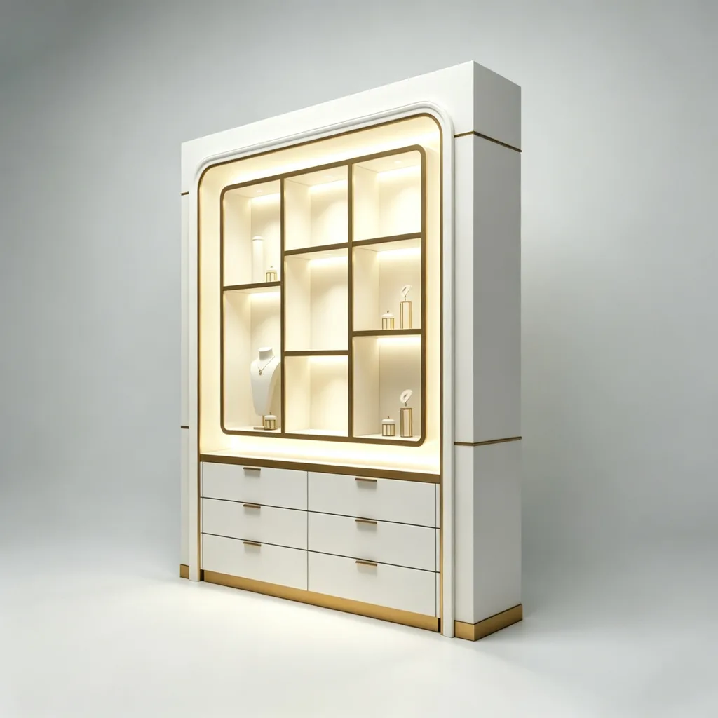 White Gold Grid Backlit Jewelry Wall Cabinet Nine Niches Six Drawers — view 4