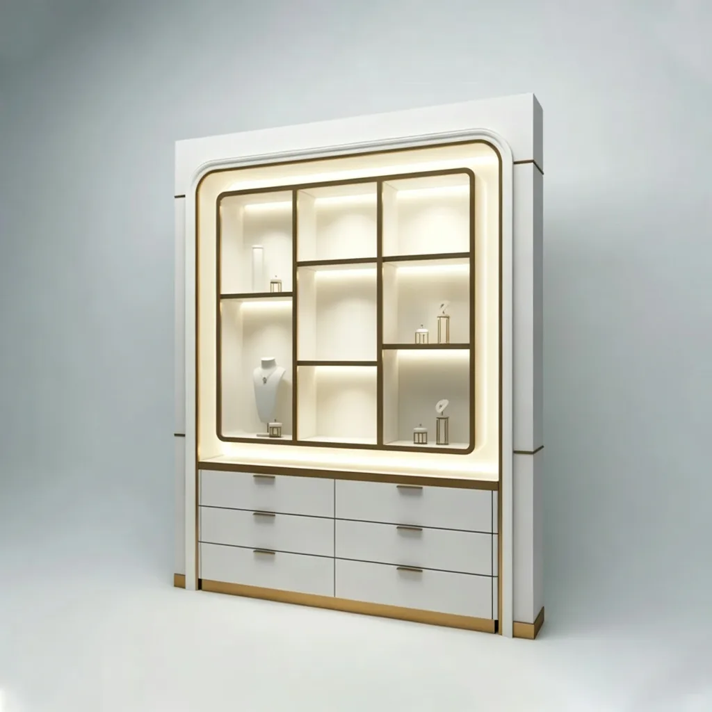 White Gold Grid Backlit Jewelry Wall Cabinet Nine Niches Six Drawers — view 2