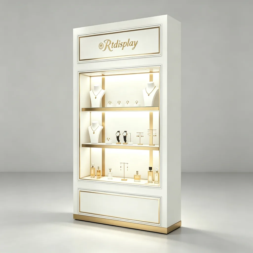 White Gold Inlay Narrow Jewelry Wall Cabinet Styled Shelves Props LED — view 2