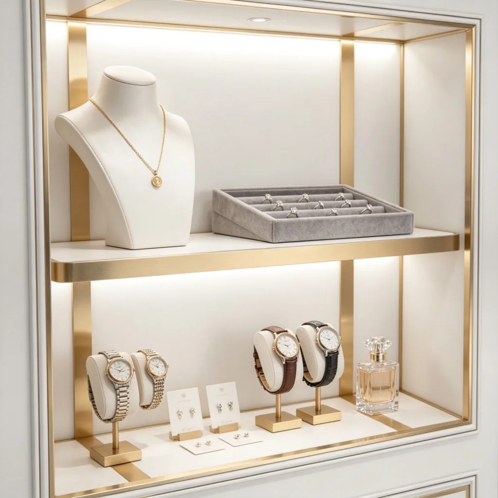 White Gold Inlay Narrow Jewelry Wall Cabinet Styled Shelves Props LED — view 3