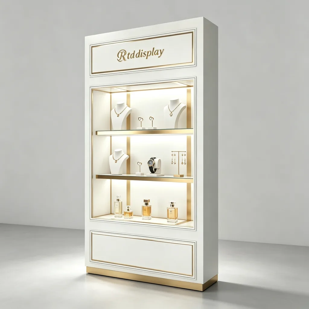 White Gold Inlay Narrow Jewelry Wall Cabinet Styled Shelves Props LED