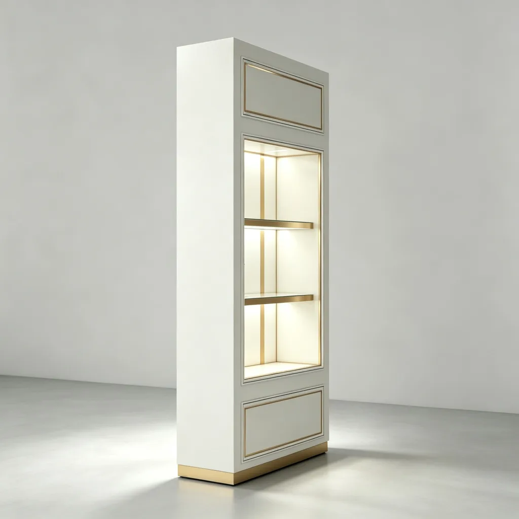 White Gold Inlay Narrow Jewelry Wall Cabinet Styled Shelves Props LED — view 4