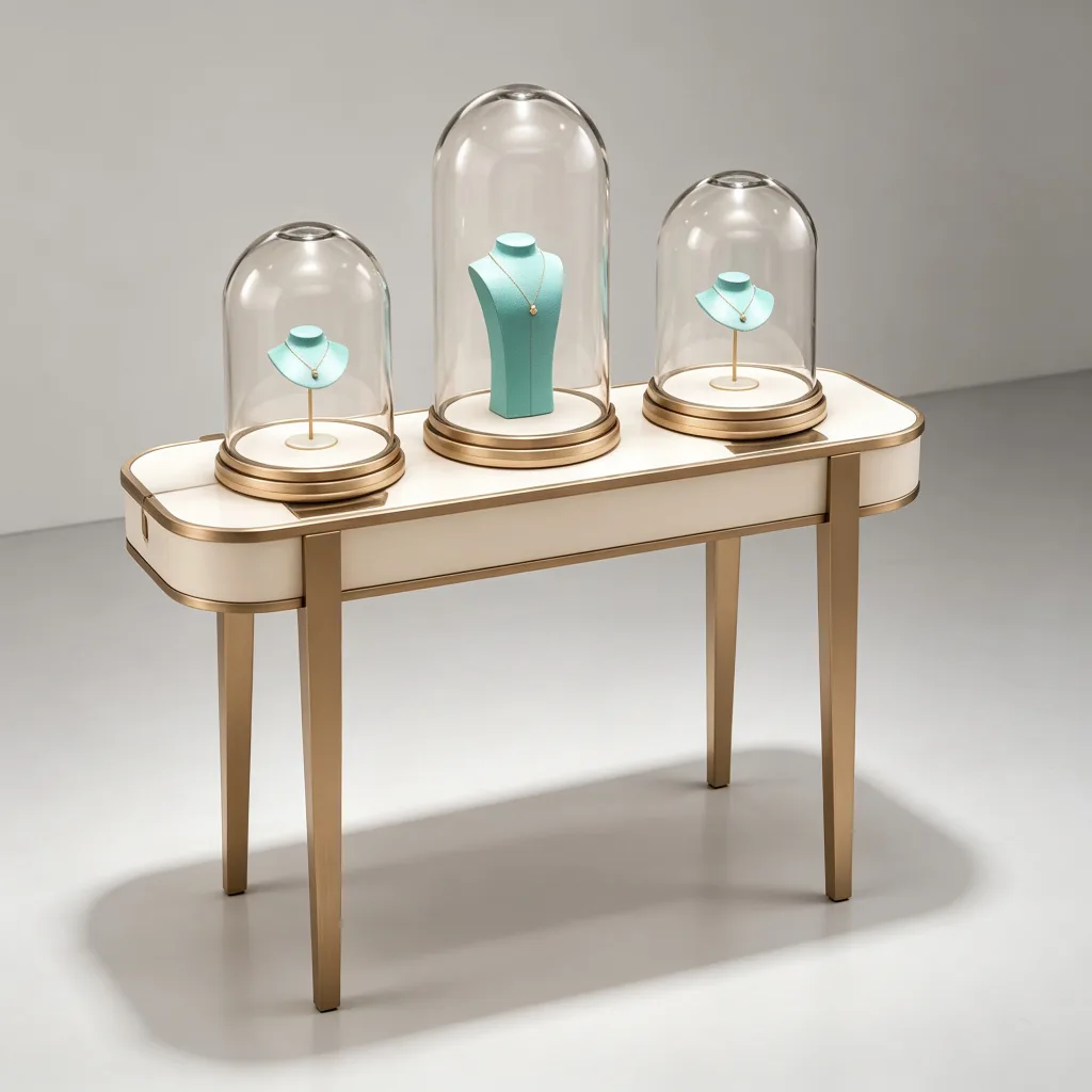 White Gold Three Glass Dome Jewelry Display Table Console Turquoise Busts — view 2