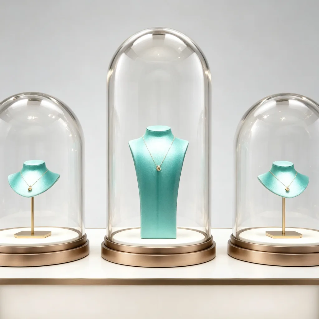 White Gold Three Glass Dome Jewelry Display Table Console Turquoise Busts — view 3