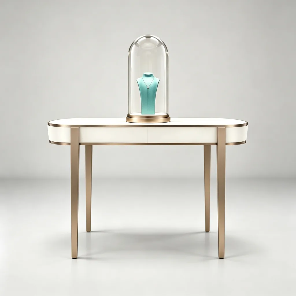 White Gold Three Glass Dome Jewelry Display Table Console Turquoise Busts — view 4