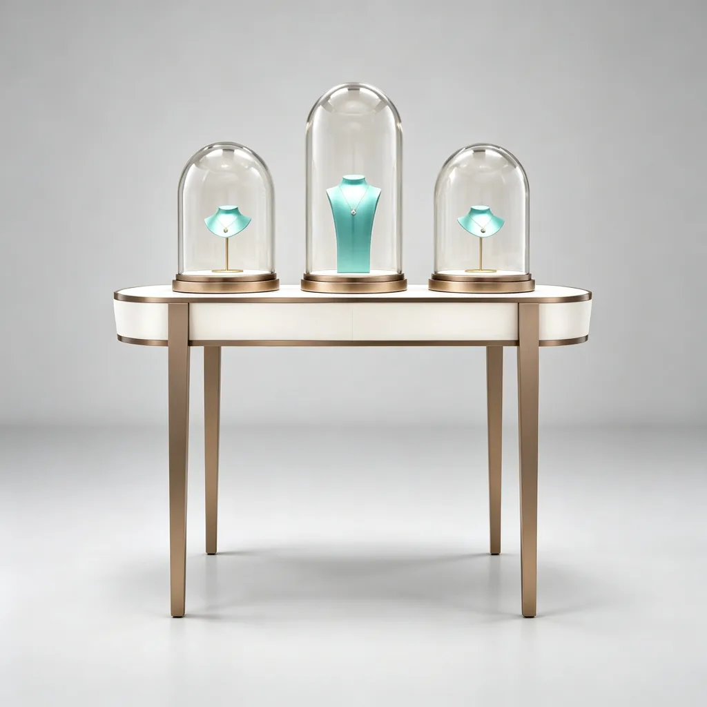 White Gold Three Glass Dome Jewelry Display Table Console Turquoise Busts