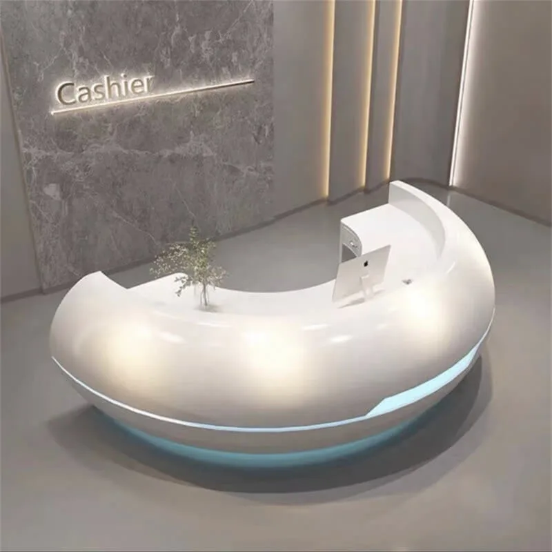 White LED Curved Fiberglass Reception Desk | Modern Luxury Front Desk for Hotels Offices and Medical Spas — view 4