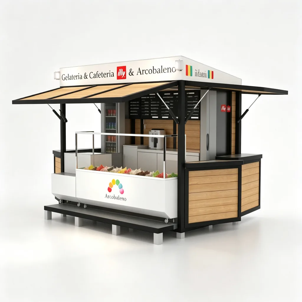 White Mobile Gelato Coffee Cart Kiosk with Flip-Up Awnings and Gelato Display Case — view 4