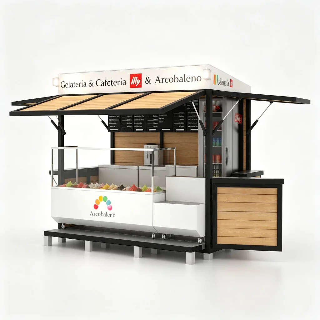 White Mobile Gelato Coffee Cart Kiosk with Flip-Up Awnings and Gelato Display Case — view 3
