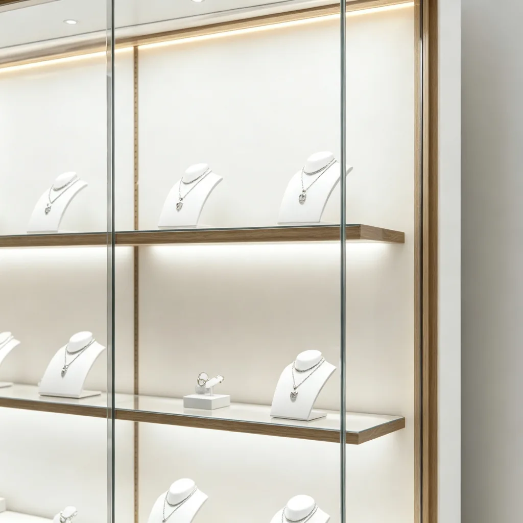 White Oak Long Jewelry Wall Display Cabinet 350mm Slim Depth Glass Shelves LED — view 3