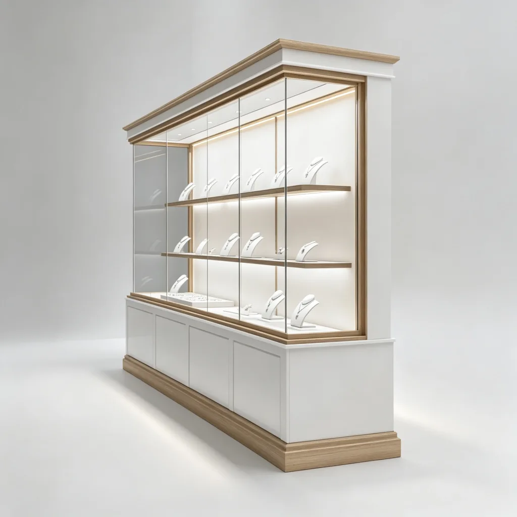White Oak Long Jewelry Wall Display Cabinet 350mm Slim Depth Glass Shelves LED — view 4