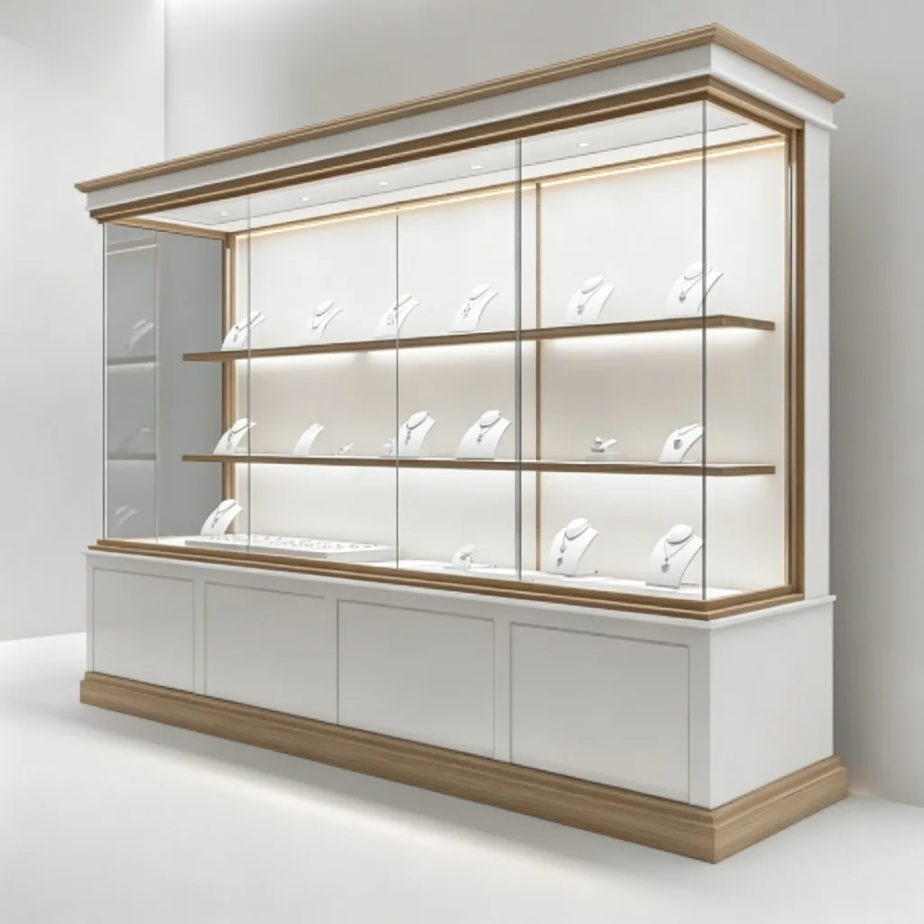White Oak Long Jewelry Wall Display Cabinet 350mm Slim Depth Glass Shelves LED