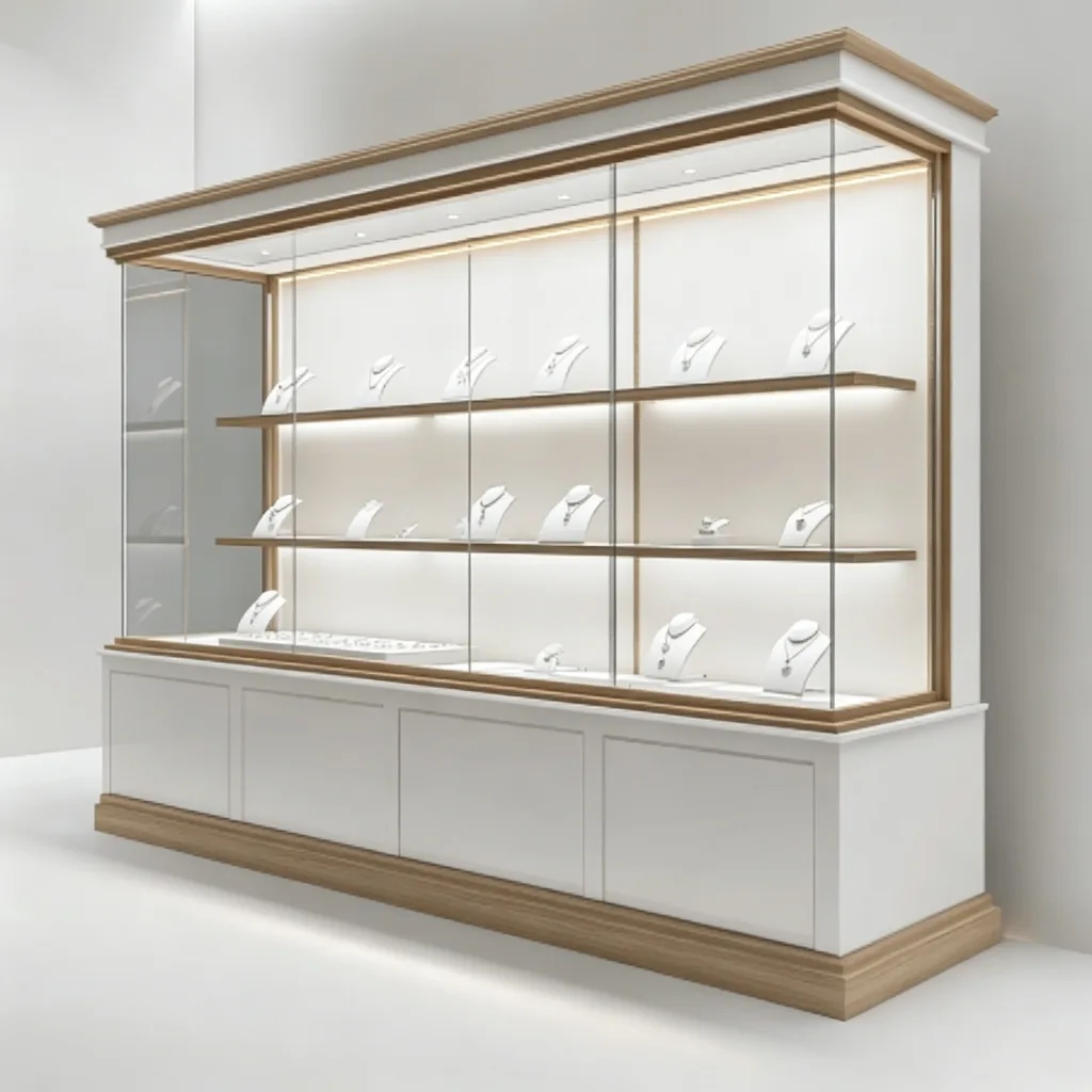 White Oak Long Jewelry Wall Display Cabinet 350mm Slim Depth Glass Shelves LED — view 2