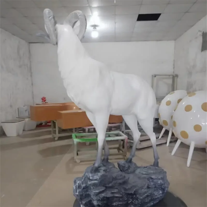 White Realistic Fiberglass Goat Sculpture | Auspicious Landscape Decor with Rock Base for Outdoor Gardens & Scenic Spots — view 4