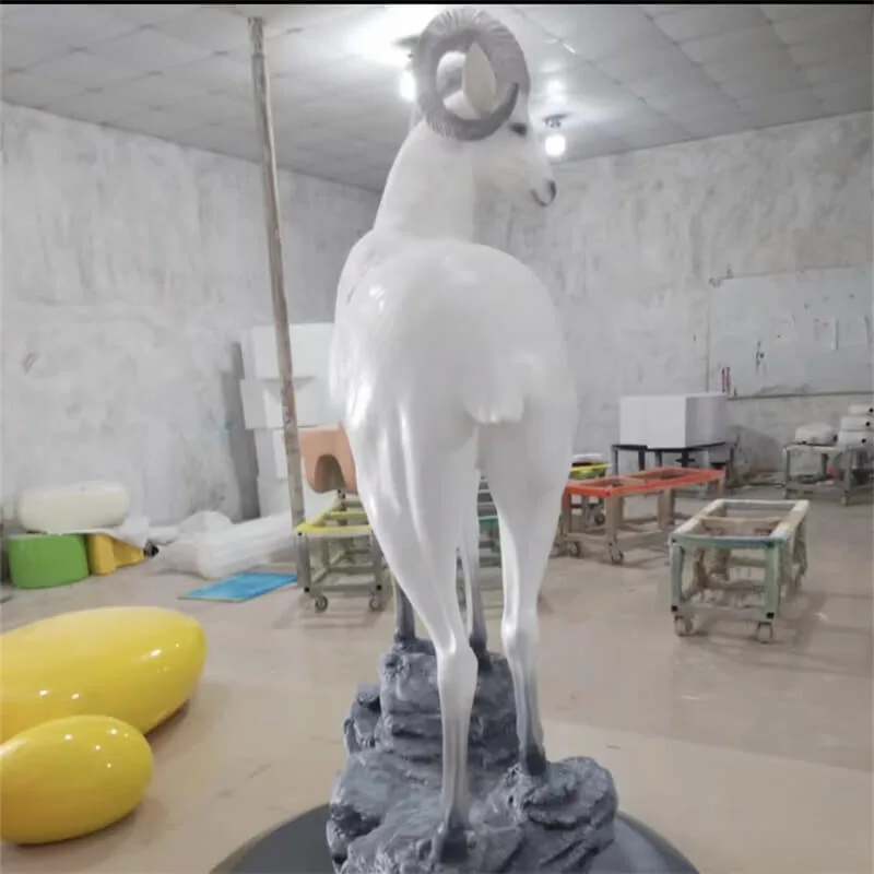 White Realistic Fiberglass Goat Sculpture | Auspicious Landscape Decor with Rock Base for Outdoor Gardens & Scenic Spots — view 3