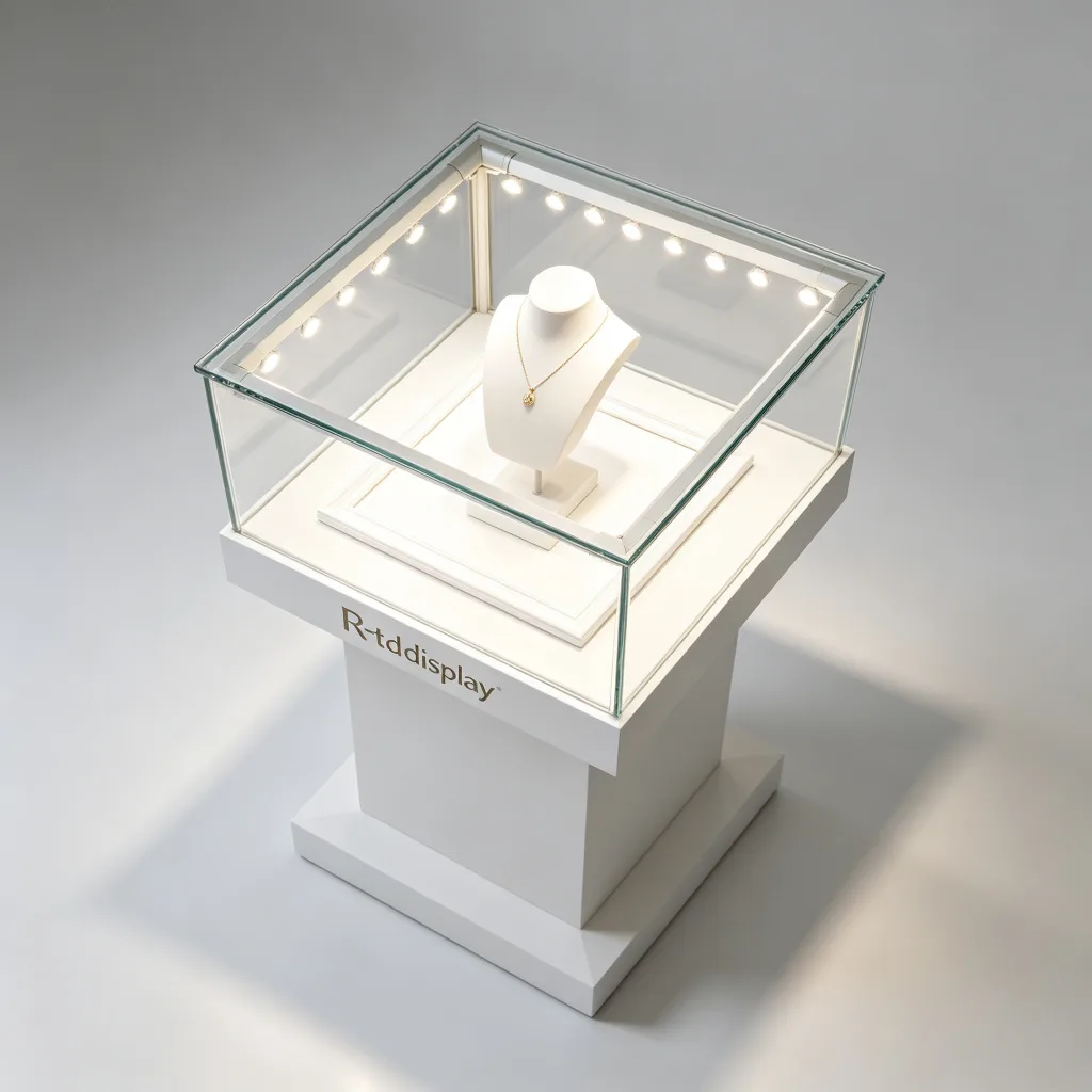 White Square Glass Pedestal Display Stand with LED Light for Jewelry Boutique Exhibition — view 4