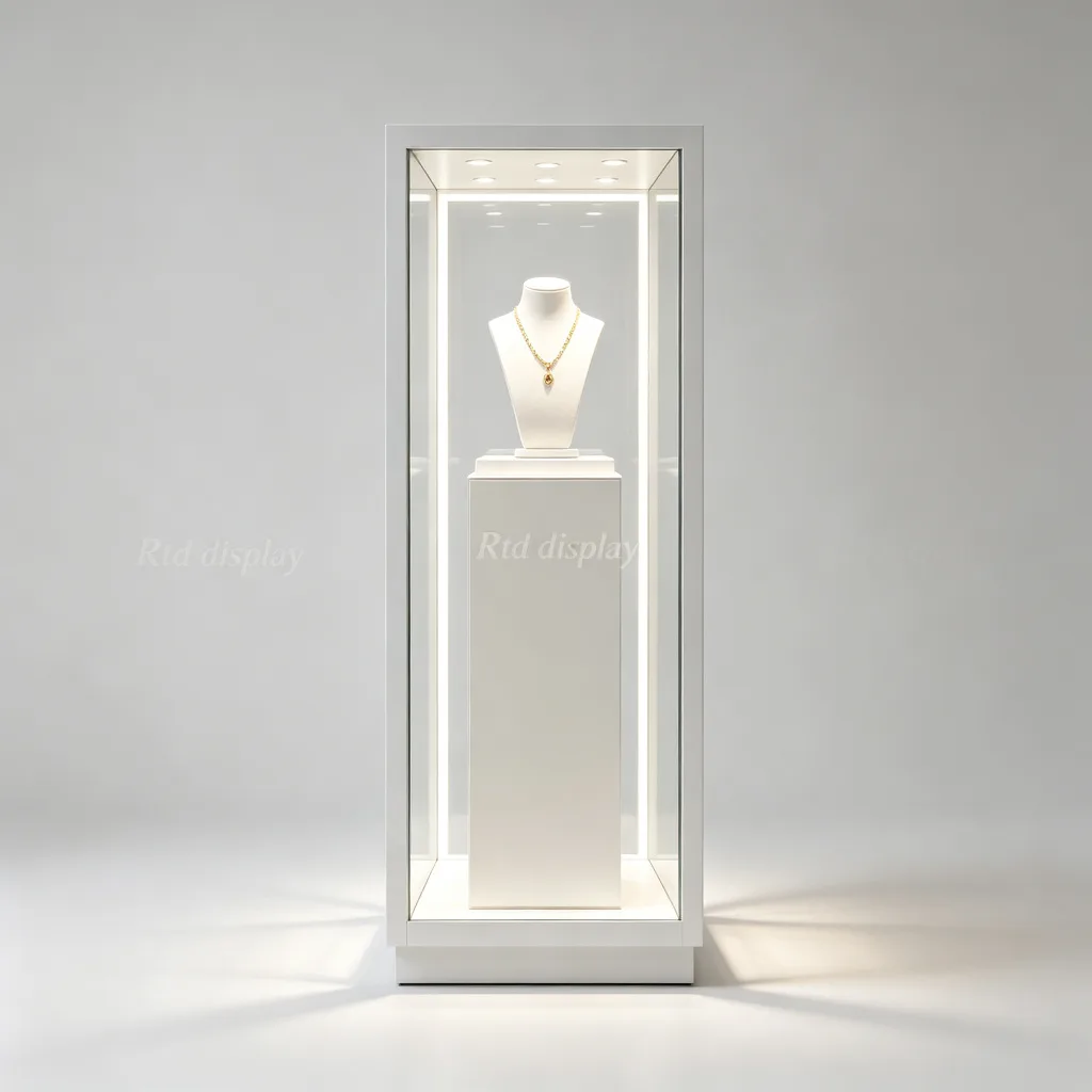White Square Glass Pedestal Display Stand with LED Light for Jewelry Boutique Exhibition — view 3