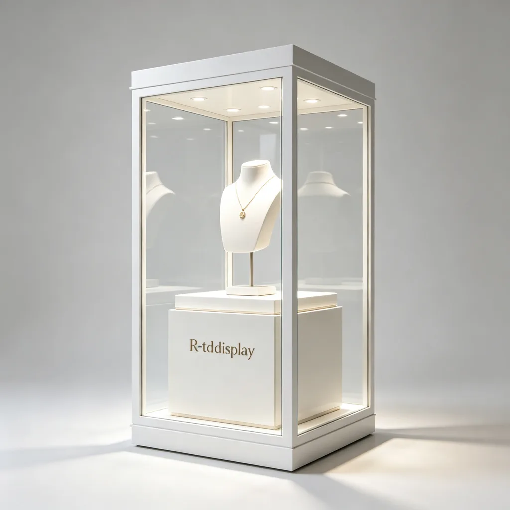 White Square Glass Pedestal Display Stand with LED Light for Jewelry Boutique Exhibition — view 2