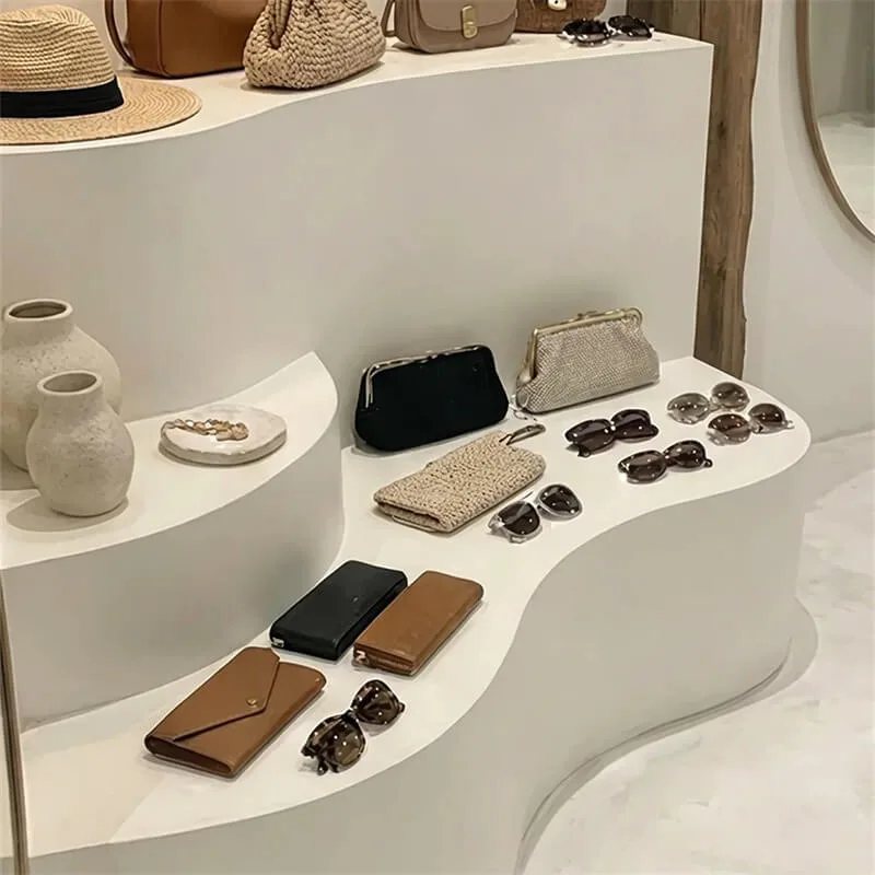 White Wavy Curved Tiered Accessory Display Stand Multi Layer Bag Jewelry Display Stand For Internet Famous Women Clothing Store — view 4