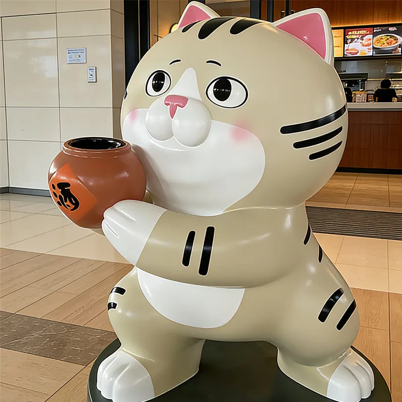 Wine-Holding Cartoon Cat FRP Sculpture, Sushi Shop Entrance Check-In Display, Indoor & Outdoor Viral IP Decor — view 4