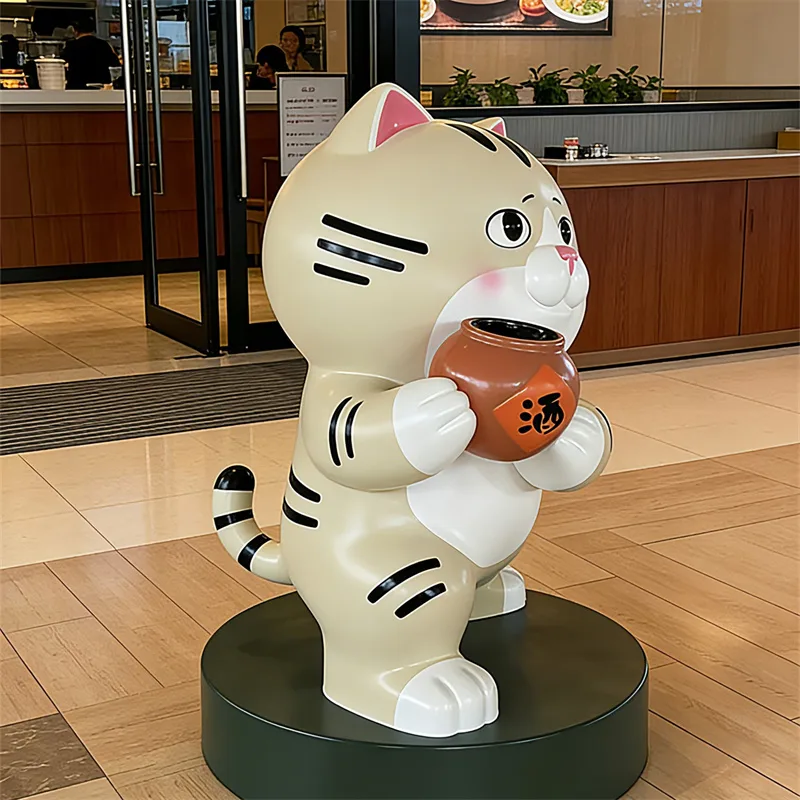 Wine-Holding Cartoon Cat FRP Sculpture, Sushi Shop Entrance Check-In Display, Indoor & Outdoor Viral IP Decor — view 3