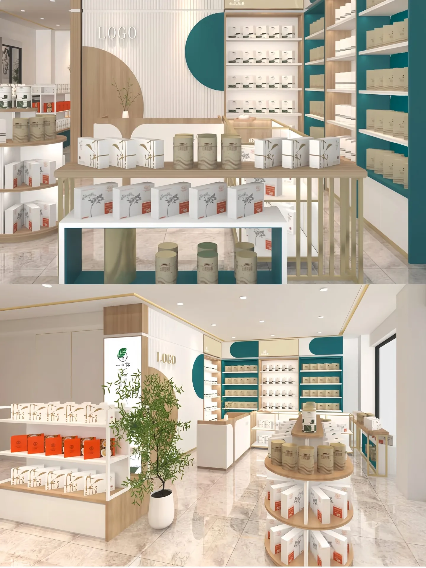 Wood and White Retail Display Set | Cosmetic Store Shelving with Acrylic Dividers and Round Display Stand
