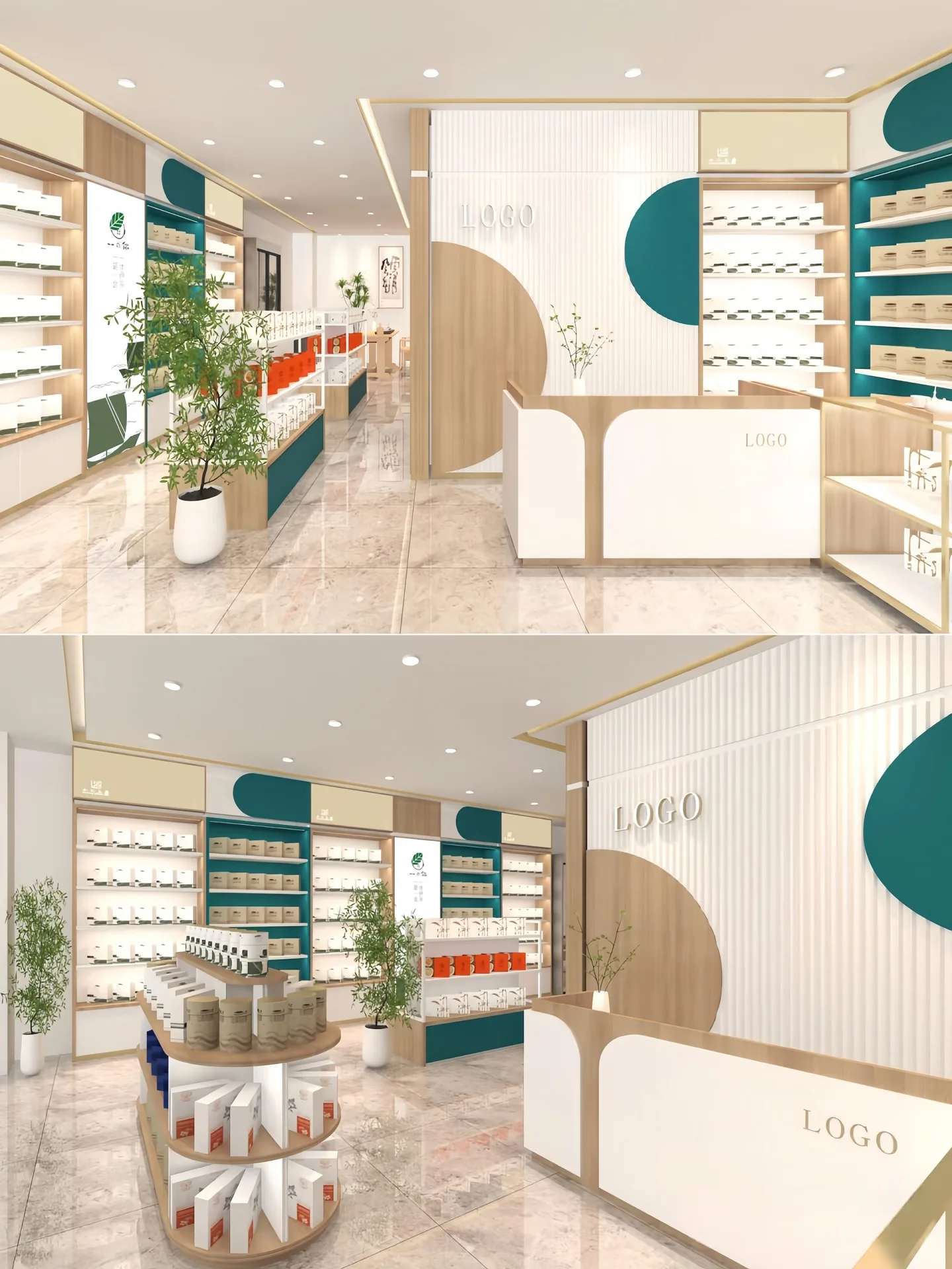Wood and White Retail Display Set | Cosmetic Store Shelving with Acrylic Dividers and Round Display Stand — view 2