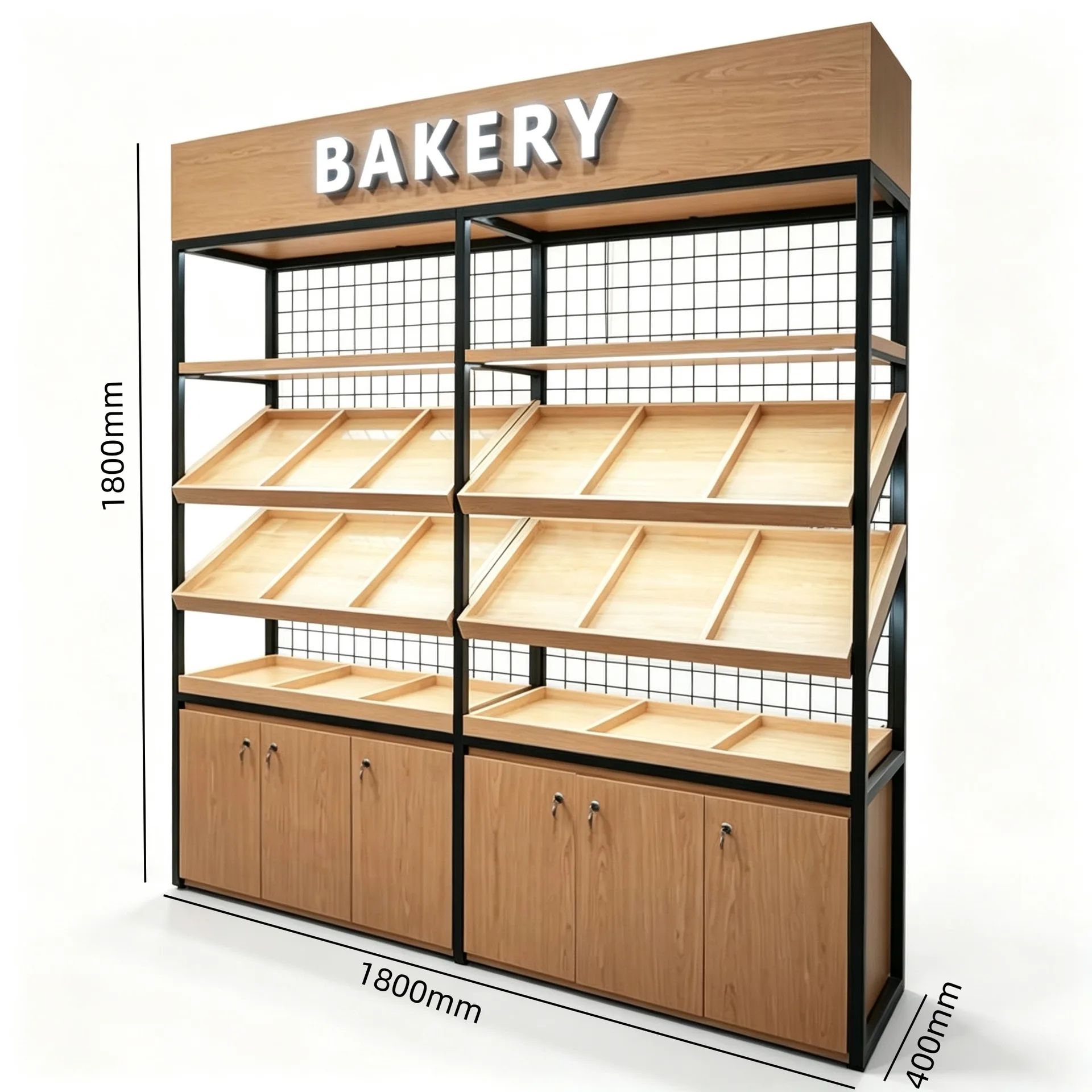 Wood Metal Bakery Display Shelf with LED BAKERY Sign for Bread Pastry Retail Store — product detail 1