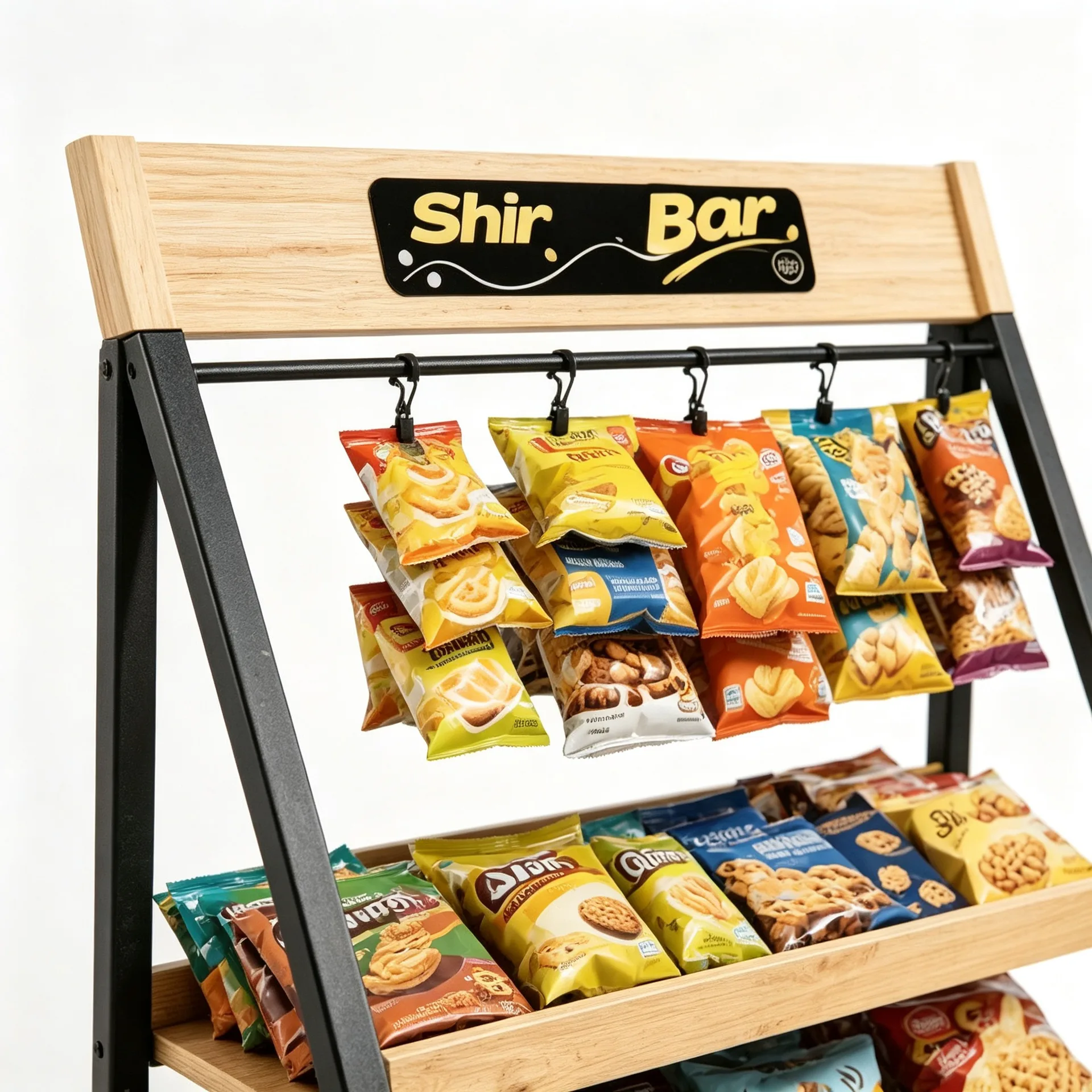 Wood Metal Hybrid A‑Frame Snack Display Rack for Grocery Retail — view 3