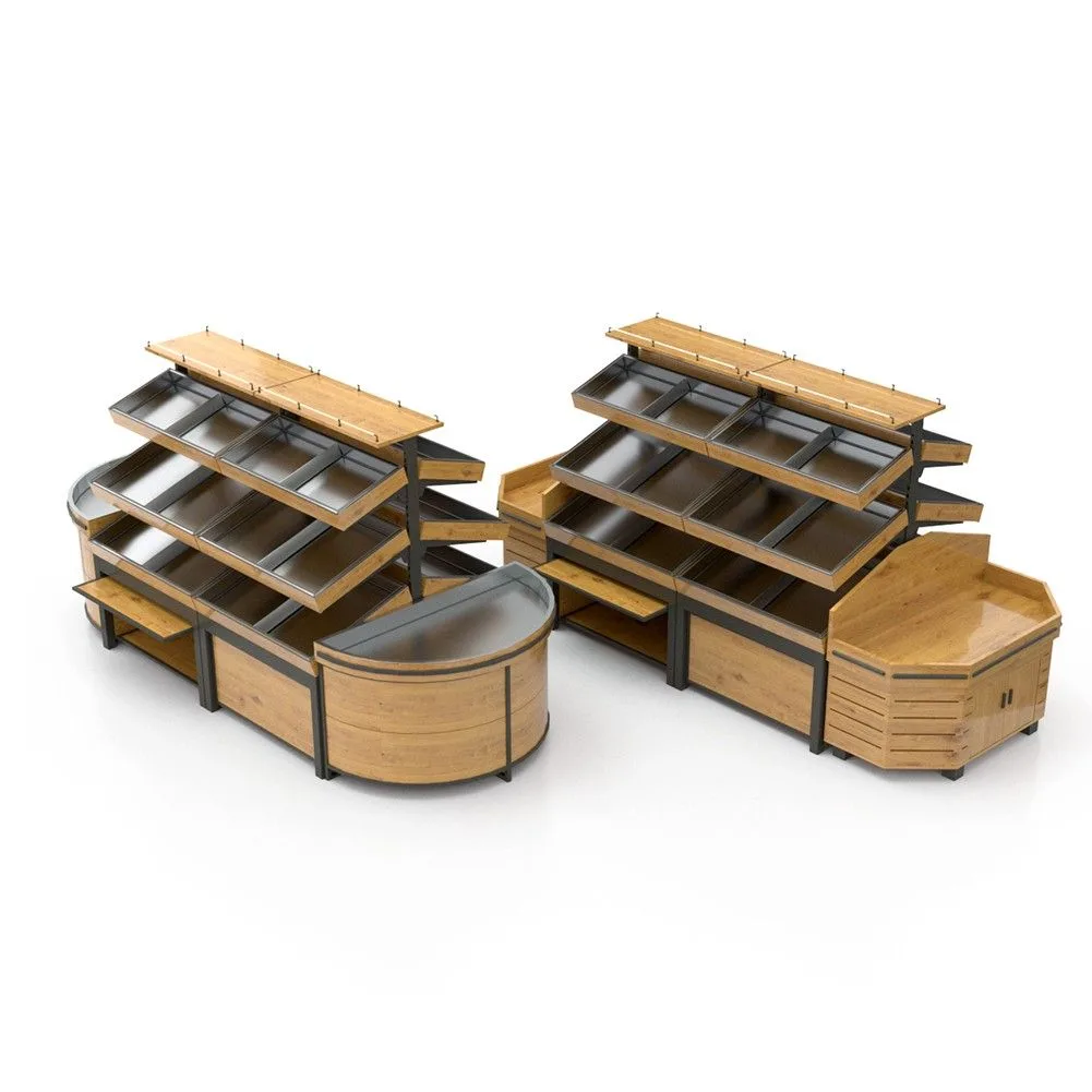 Wood & Metal Produce Display Rack with Curved End Cabinet