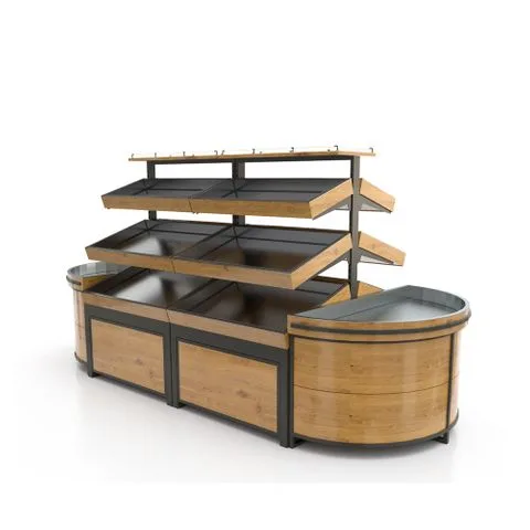 Wood & Metal Produce Display Rack with Curved End Cabinet — view 3