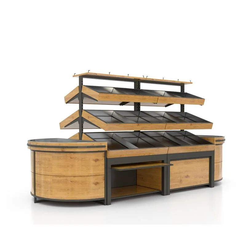 Wood & Metal Produce Display Rack with Curved End Cabinet — view 2
