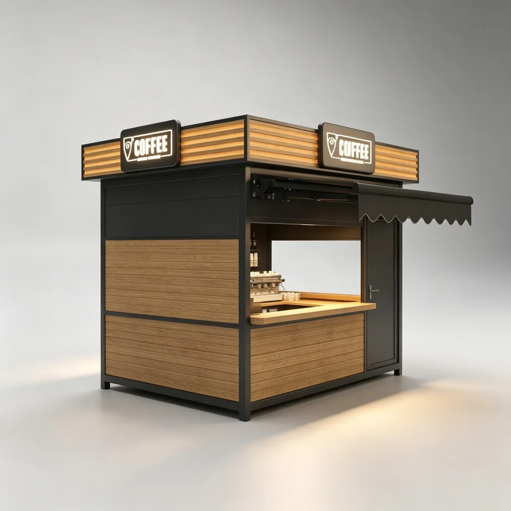 Wood & Steel Outdoor Cafe Stand | 3.5m Open-Air Coffee Kiosk | Custom Design — view 3